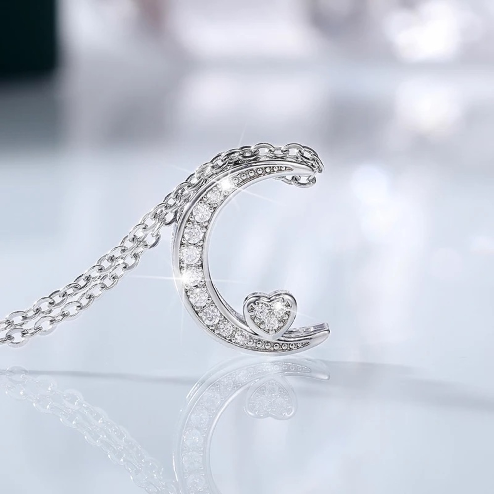 New Beautiful 925 Silver Moon Heart Diamond Necklace - Picture 6 of 6